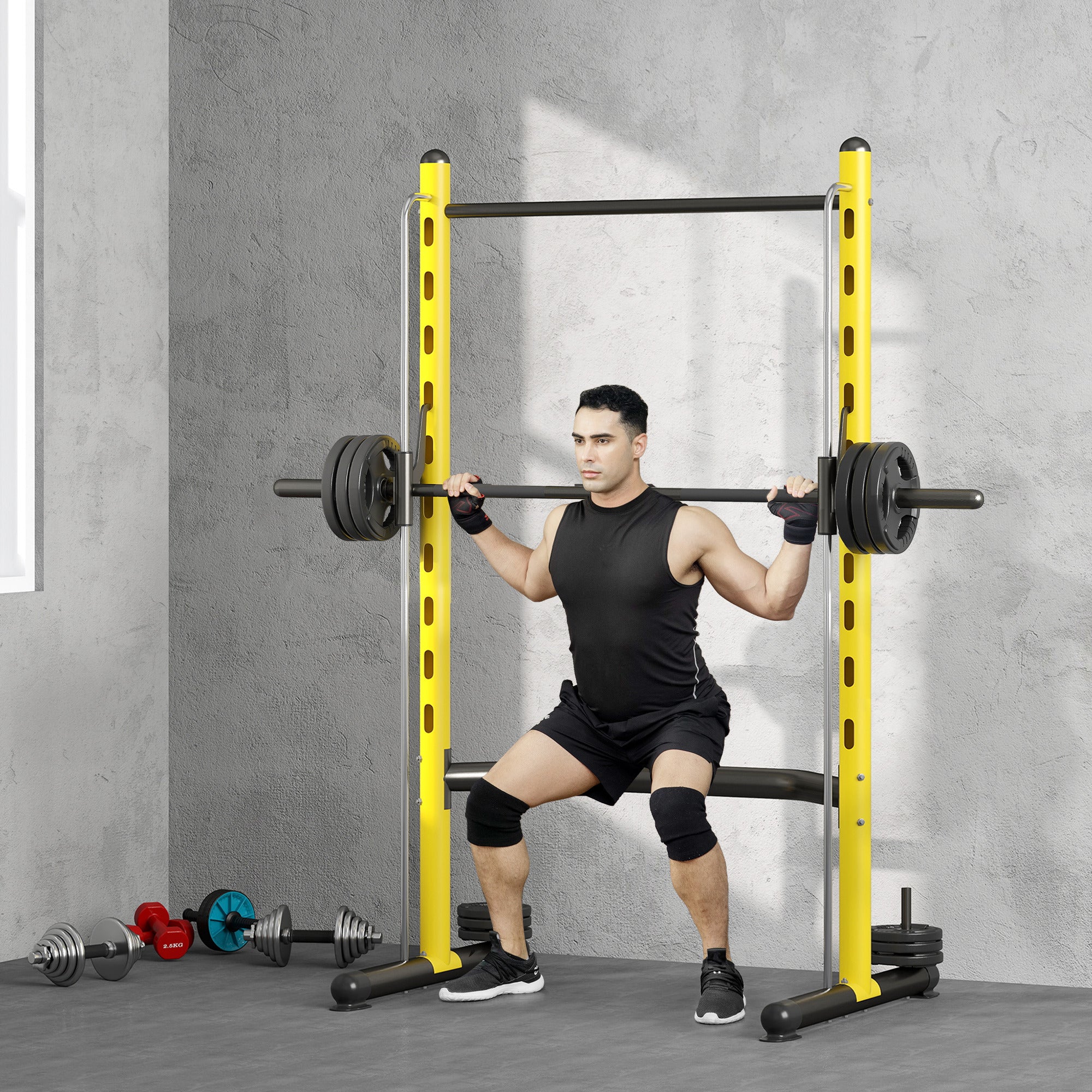 Adjustable Squat Rack With Pull Up Bar Bench Press Half Rack Yellow