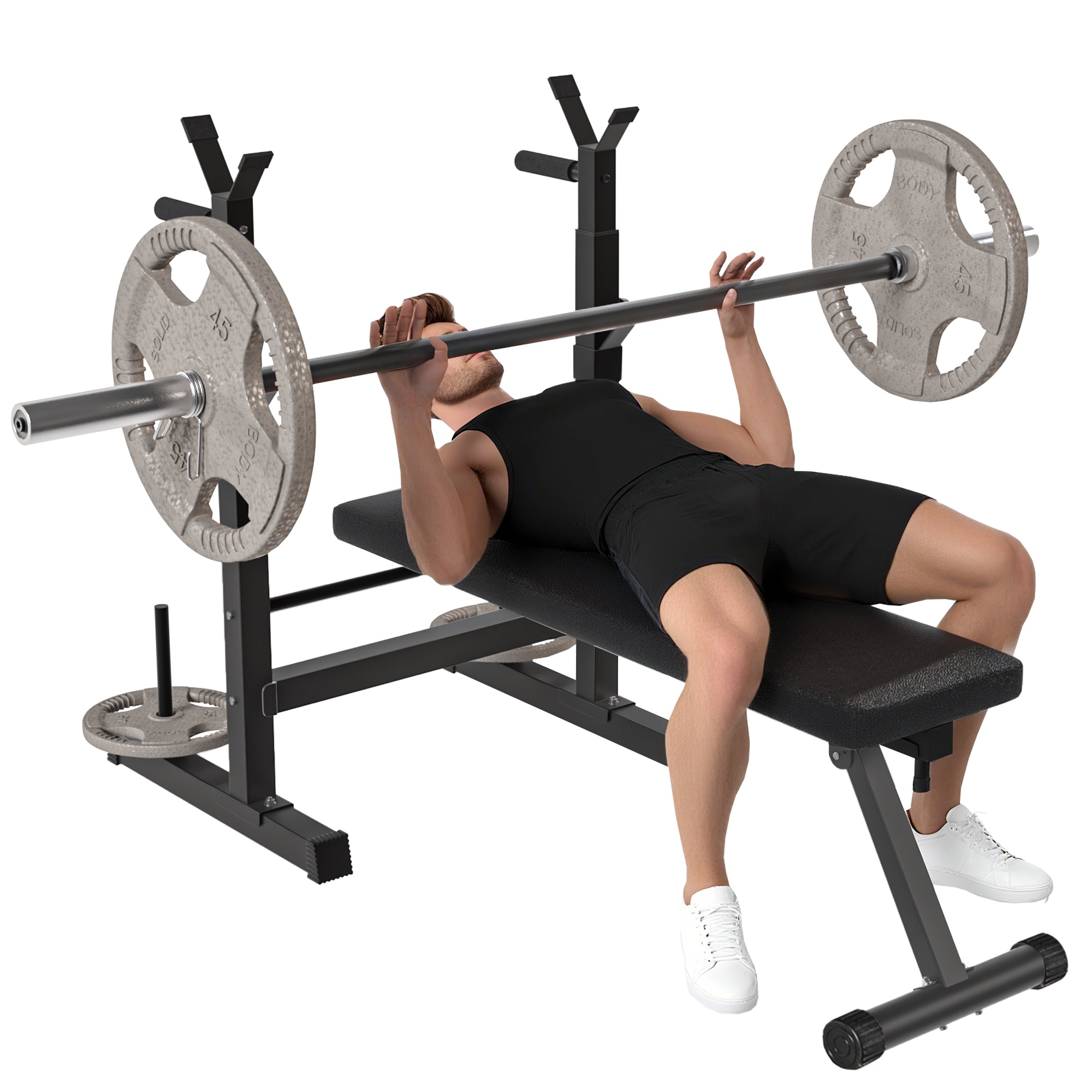 Adjustable Foldable Weight Bench With Barbell Rack Black