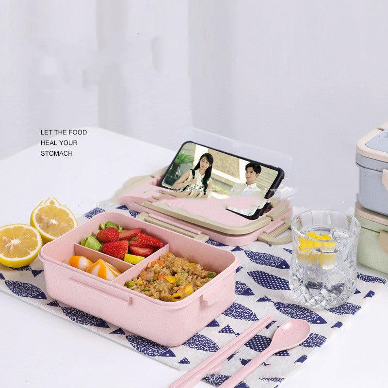 Microwave Lunch Box With Spoon And Chopsticks Three Grid Container