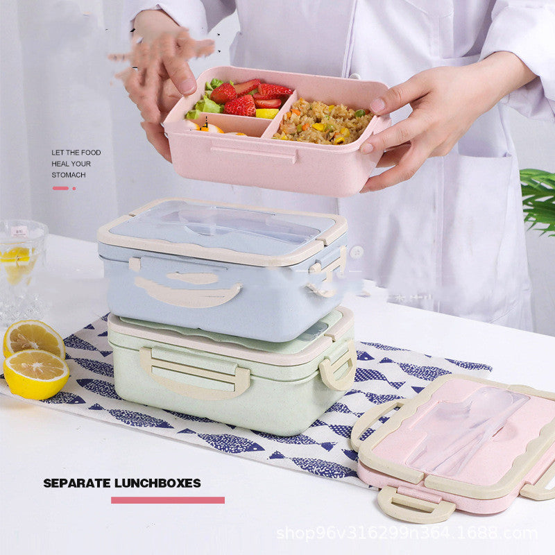 Microwave Lunch Box With Spoon And Chopsticks Three Grid Container