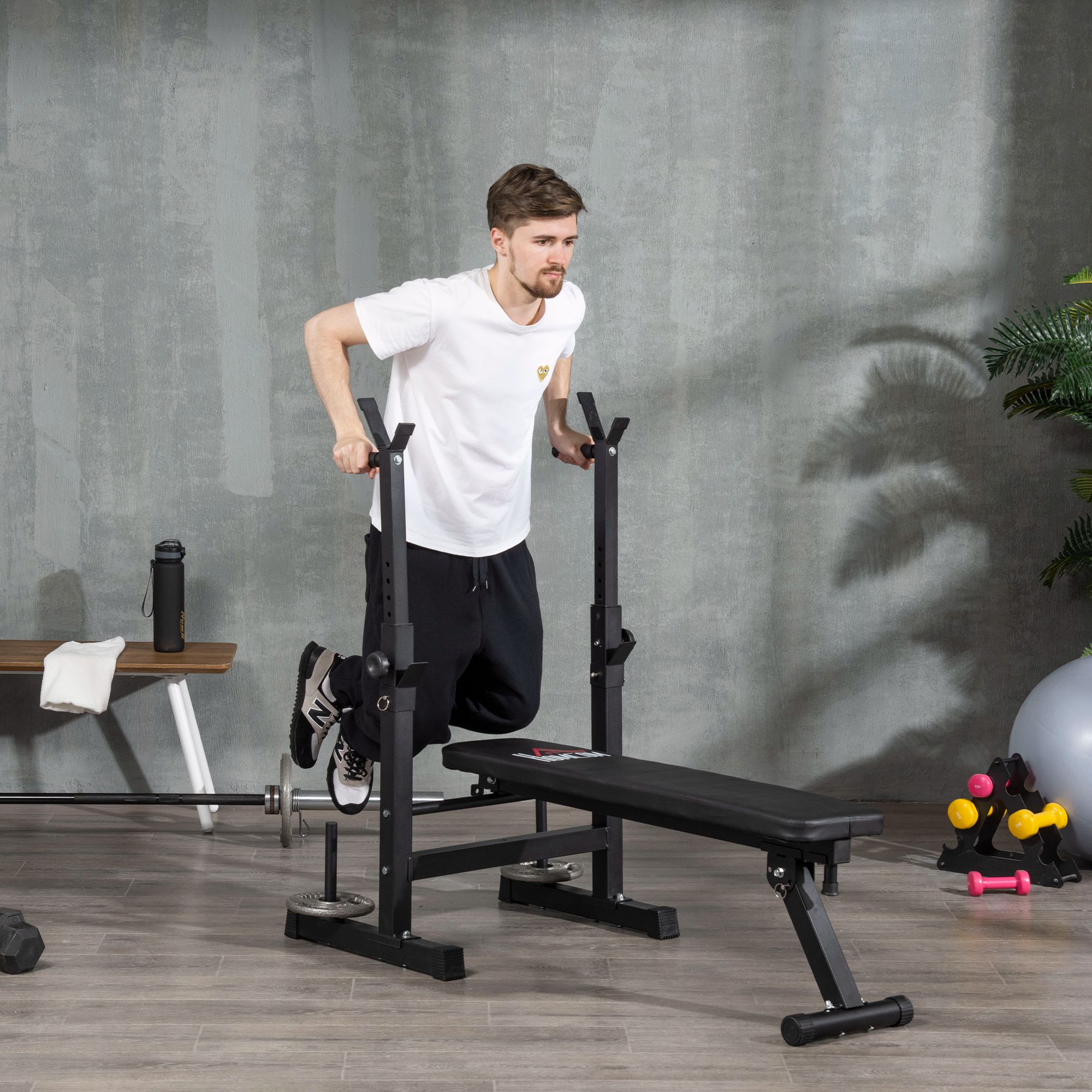 Adjustable Foldable Weight Bench With Barbell Rack Black