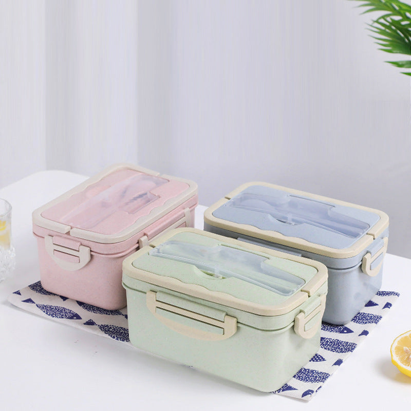 Microwave Lunch Box With Spoon And Chopsticks Three Grid Container